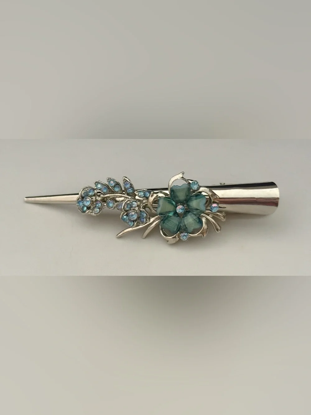 2 Silver-tone Alligator Hair Clamps Iridescent Blue Crystals